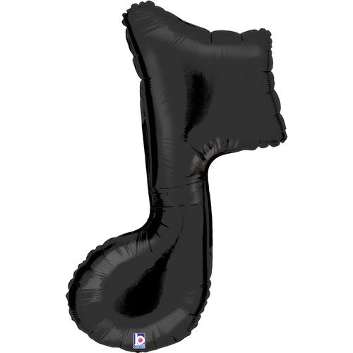 Black foil balloon shaped like a music note, 89 cm in size, ideal for music-themed parties and events.
