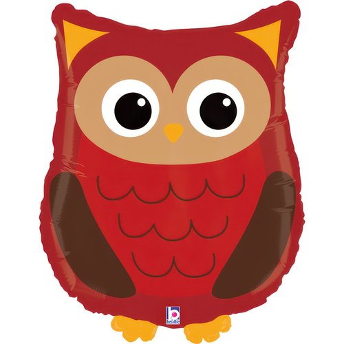 Foil balloon owl in red, 66 cm. Perfect for parties, inflate with air or helium. Fun decoration for celebrations.