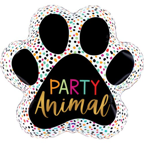 Foil balloon in paw shape with colorful polka dots, features 'Party Animal' text, size 79 cm, suitable for parties.