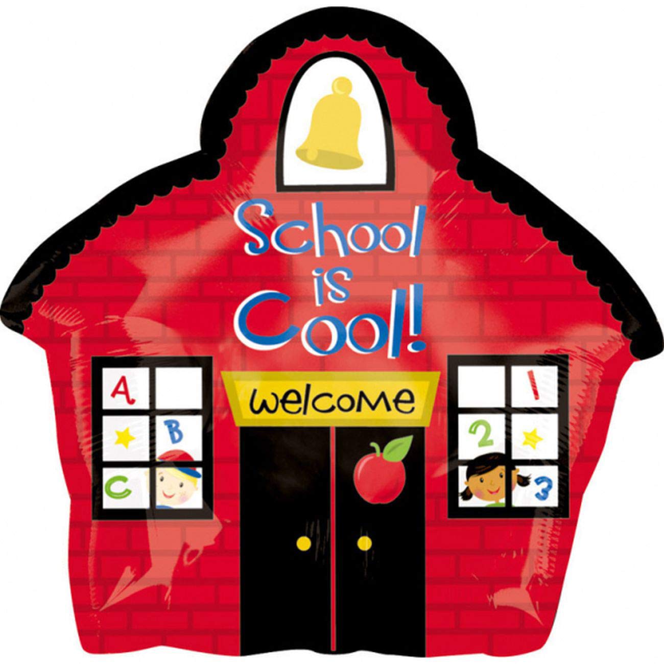 Foil Balloon in the shape of a schoolhouse with 'School is Cool!' text, perfect for celebrations, 53 cm size.