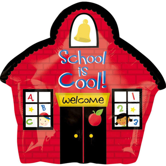 Foil Balloon in the shape of a schoolhouse with 'School is Cool!' text, perfect for celebrations, 53 cm size.