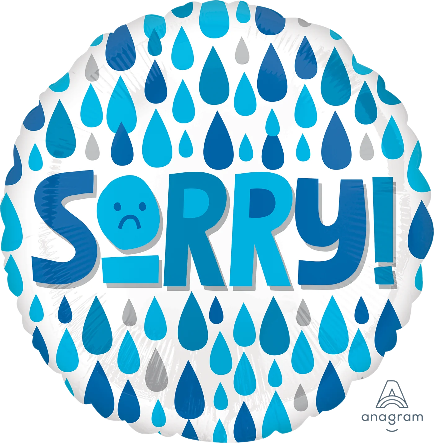 Foil balloon with 'Sorry!' text and raindrop design, round shape, 43 cm, suitable for air and helium inflation.