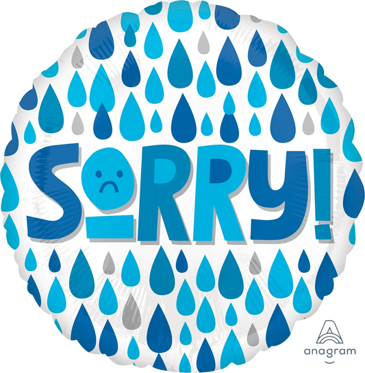 Foil balloon with 'Sorry!' text and raindrop design, round shape, 43 cm, suitable for air and helium inflation.