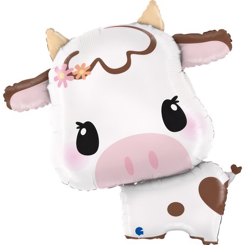 Cute foil cow balloon set, including a large 64 cm cow with flowers and a small calf, perfect for parties and celebrations.