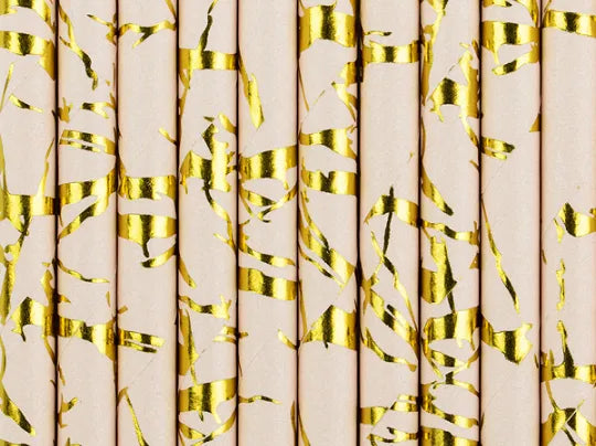 Paper straws, powder pink with metallic gold marble pattern, 19.5 cm., 10 pcs Partydeco