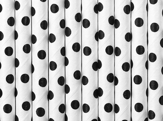 Paper Straws, white with black dots, 19.5cm, 10 pcs Partydeco