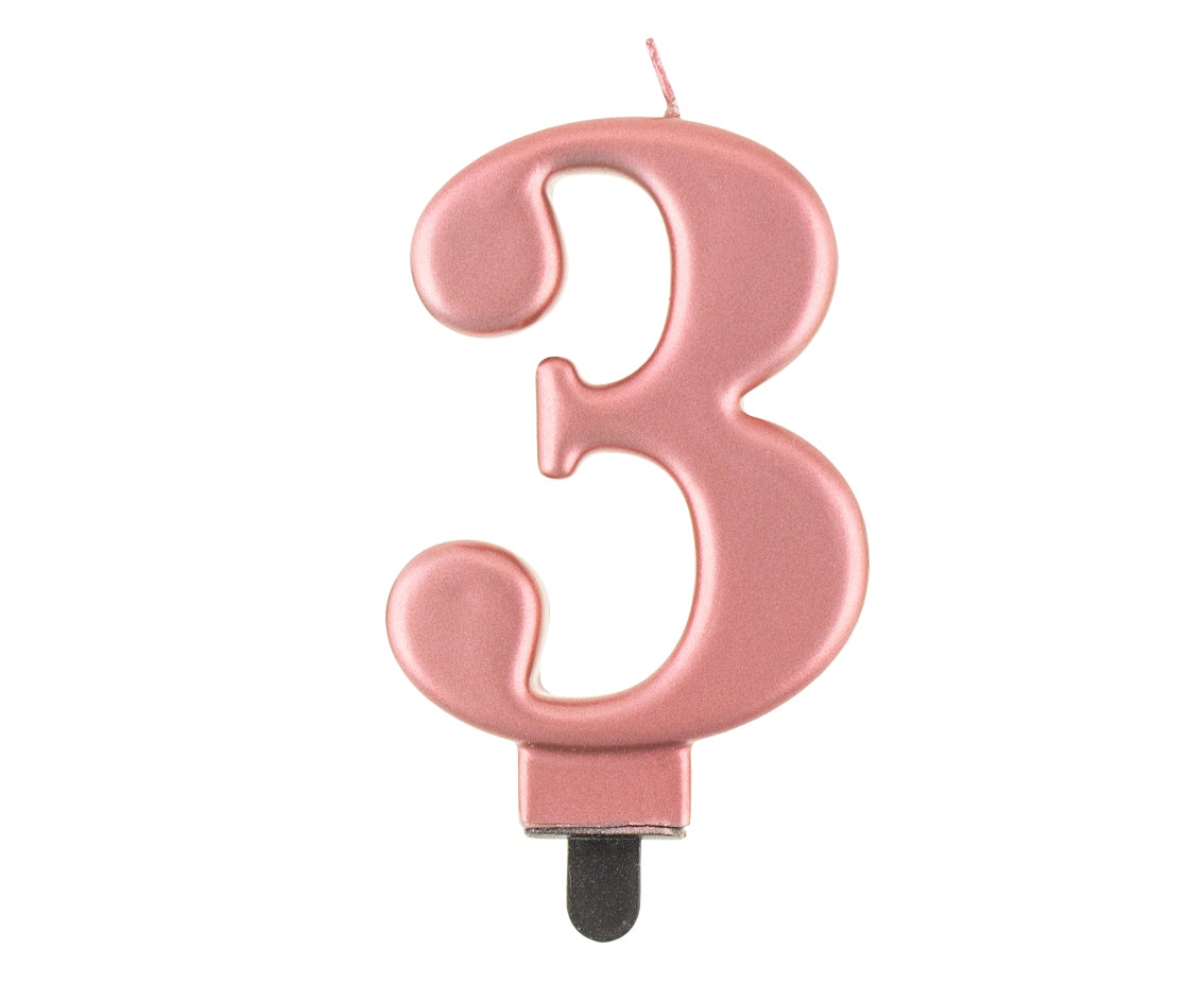 Candle Number 3, metallic rosegold, 8 cm Godan