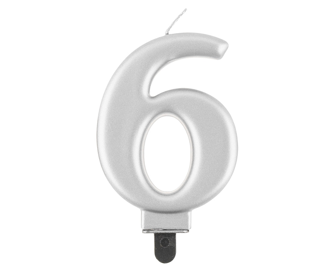 Candle Number 6, metallic silver, 8 cm Godan