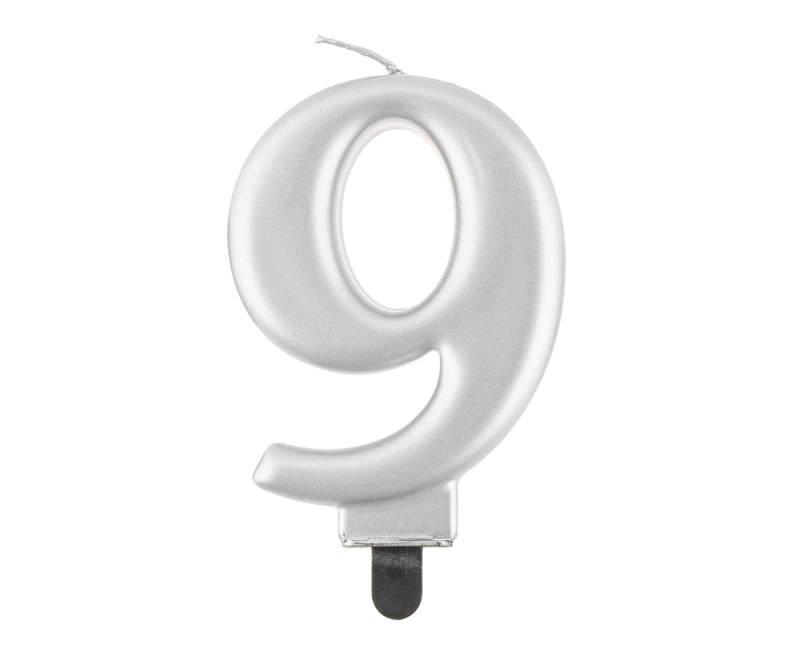 Candle Number 9, metallic silver, 8 cm Godan