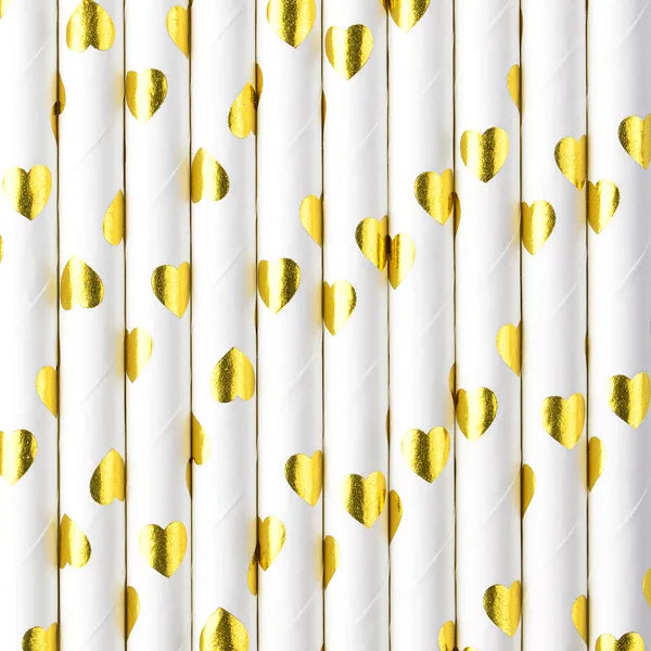 White paper straws with gold hearts, 19.5 cm long, pack of 10 for festive occasions and celebrations.